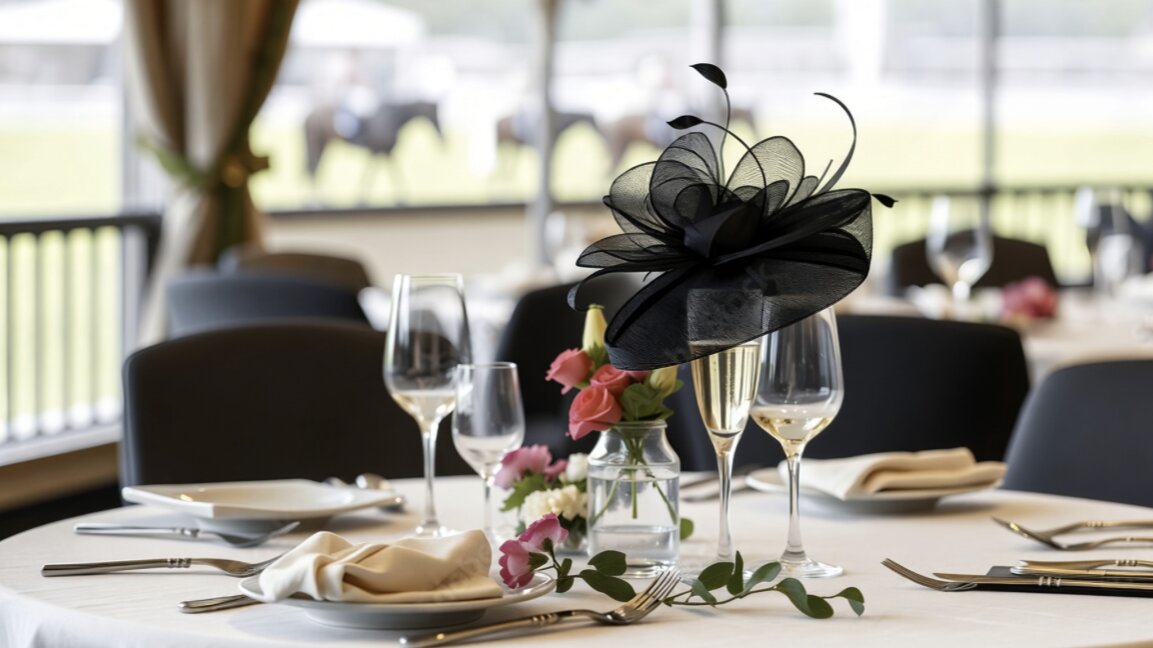 Elegant table setting with flowers, glassware and a black Derby hat overlooking a racetrack